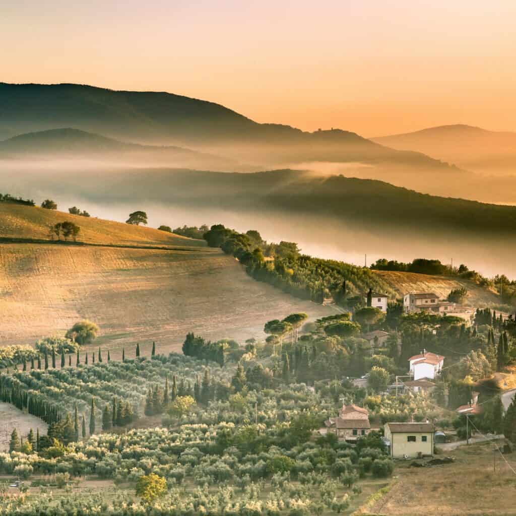 Tuscan village life in Morning Fog