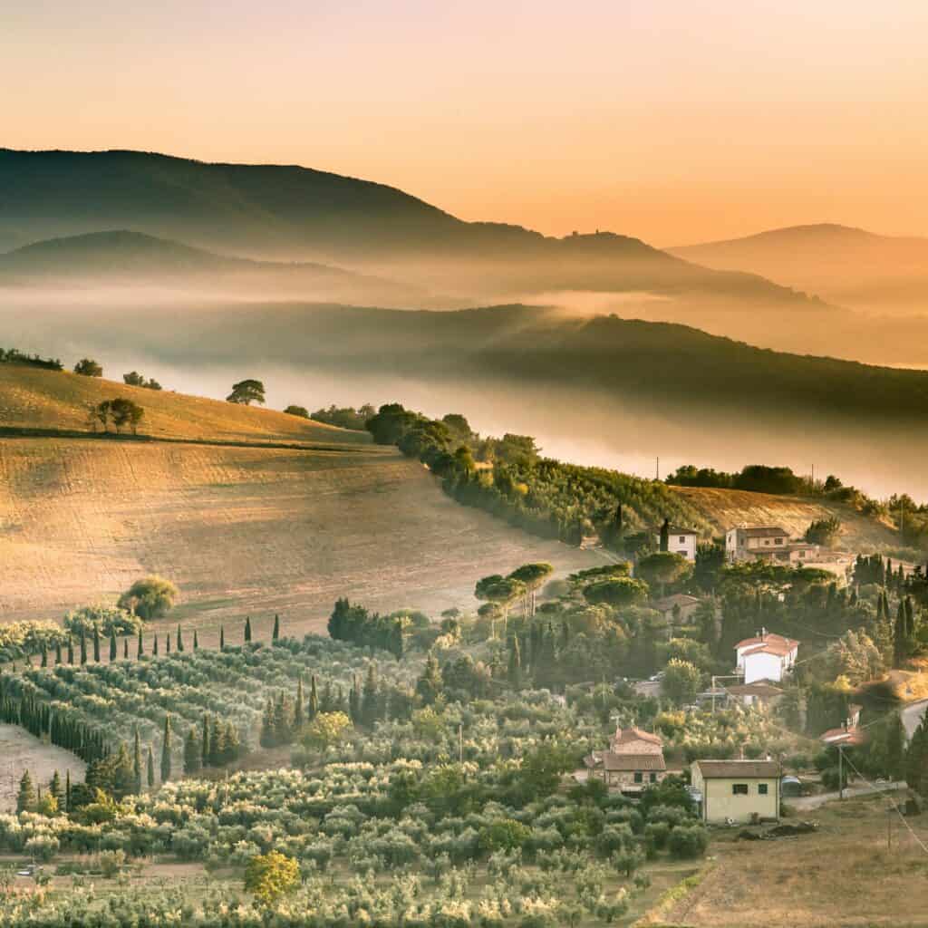 Tuscan village life in Morning Fog